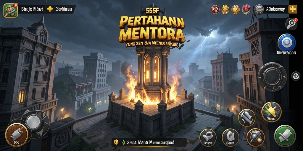 Tampilan menara dan musuh dalam gameplay Tower Defense 555F.