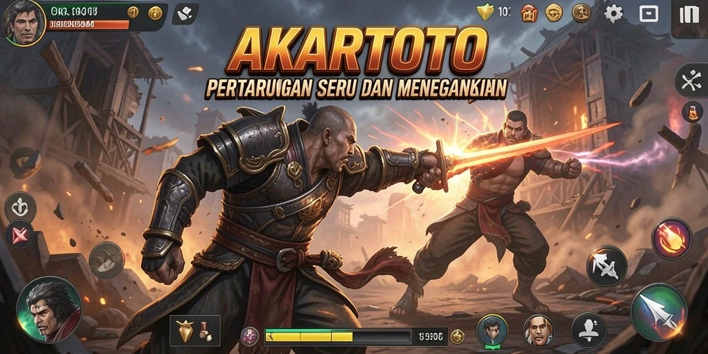 Tampilan gameplay AKARTOTO dengan pertarungan yang mendebarkan dan karakter unik.