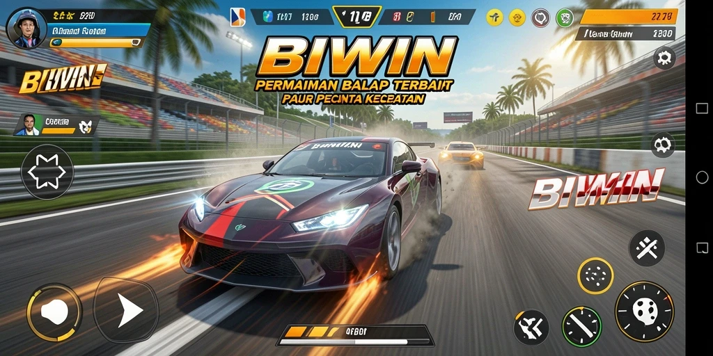 Tampilan utama gameplay <strong>BIWIN</strong> saat balapan seru di lintasan.