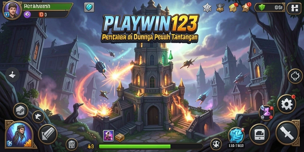 Tangkapan layar gameplay dari PLAYWIN123 yang menunjukkan pertarungan menara yang intens.