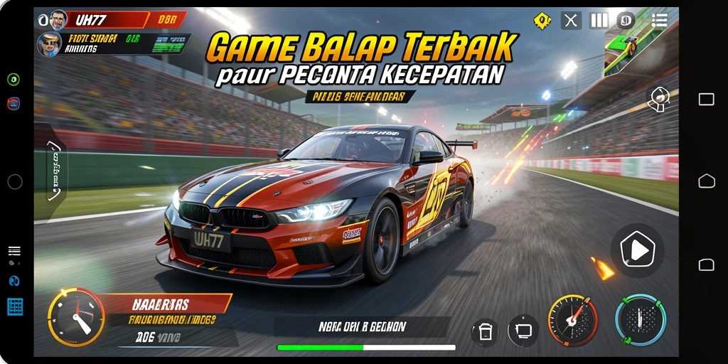 Tampilan mendebarkan dari balapan UH77 dengan mobil yang melaju kencang.