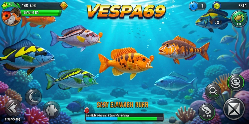 Screenshot gameplay VESPA69 menampilkan serunya menangkap ikan.