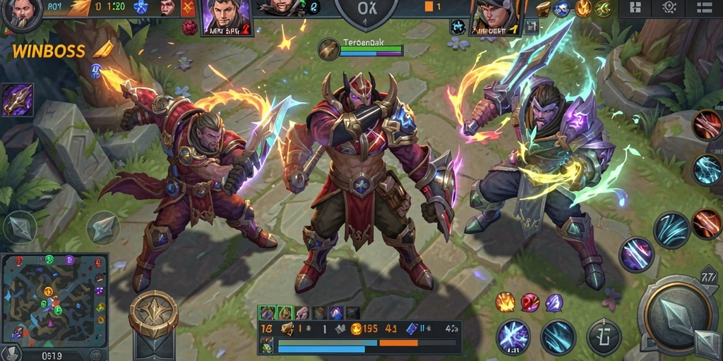 Tampilan gameplay seru WINBOSS dengan pertempuran antar tim.